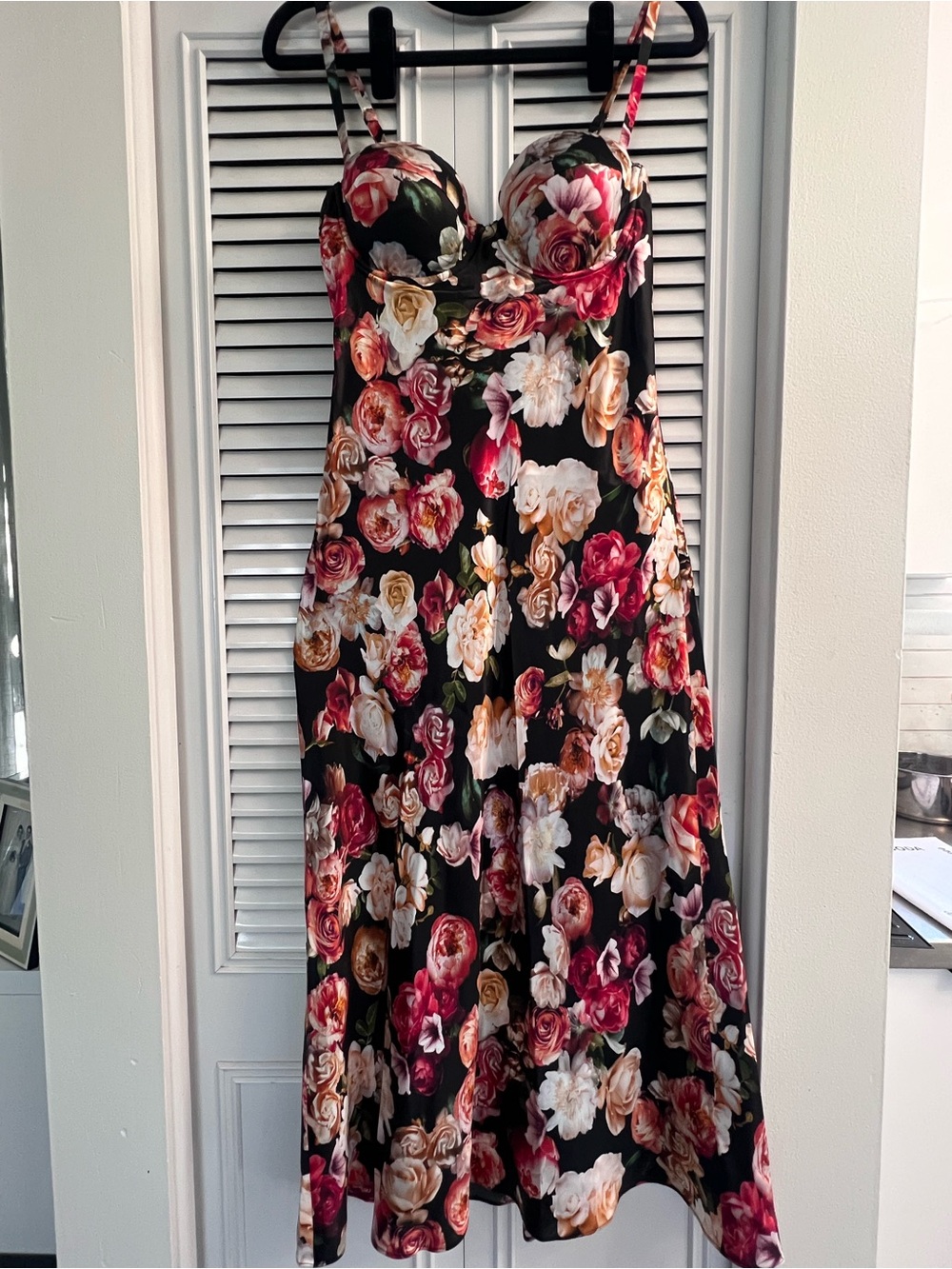 L'AGENCE Black Bias Cut Midi Dress with Rose Print